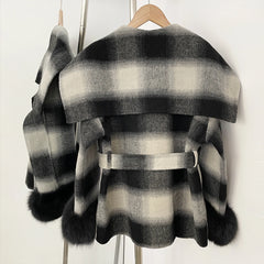 Plaid Double-Breasted Fur Trimmed Coat