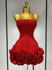 Red Strapless Flower Embellished Mini Bandage Dress