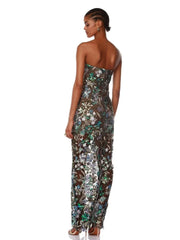 Strapless Floral Sequin Mesh Column Gown
