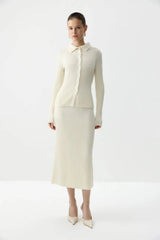 Ribbed Polo Knit Top and Midi Skirt Set
