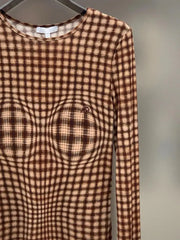 Close-up of plaid fitted long sleeve top bust detail