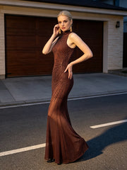 Brown Beaded Turtleneck Maxi Dress