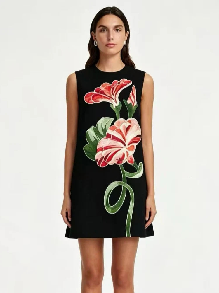 Black Embroidered Floral Mini Dress