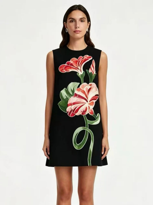 Black Embroidered Floral Mini Dress