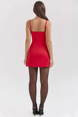 Red dress worn by a person on a white background