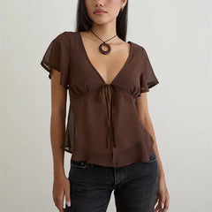 Sheer mesh tie front short sleeve top