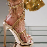 Golden Rhinestones Peep Toe High Heels Crystal Shoes