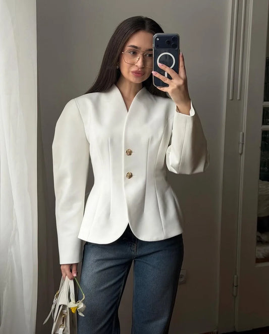 White V-neck waist-cinching blazer