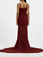 Ruched V-Neck Sheer-Hem Maxi Dress