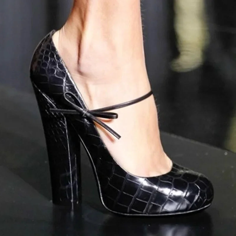 Black embossed leather square heel pump with ankle strap