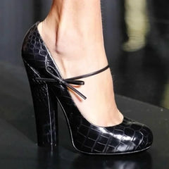 Black embossed leather square heel pump with ankle strap