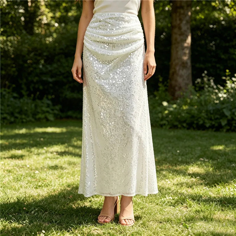 Ruched sequin maxi skirt styled in a sunny garden