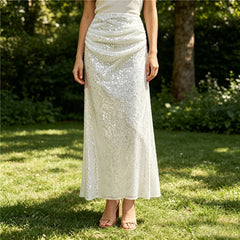 Ruched sequin maxi skirt styled in a sunny garden