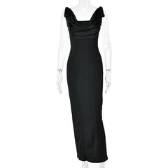 Draped Satin Cowl Bow Shoulder Maxi Dress