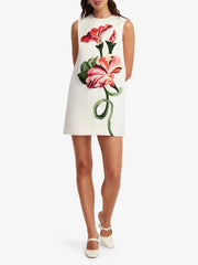 Floral embroidered sleeveless mini dress in white