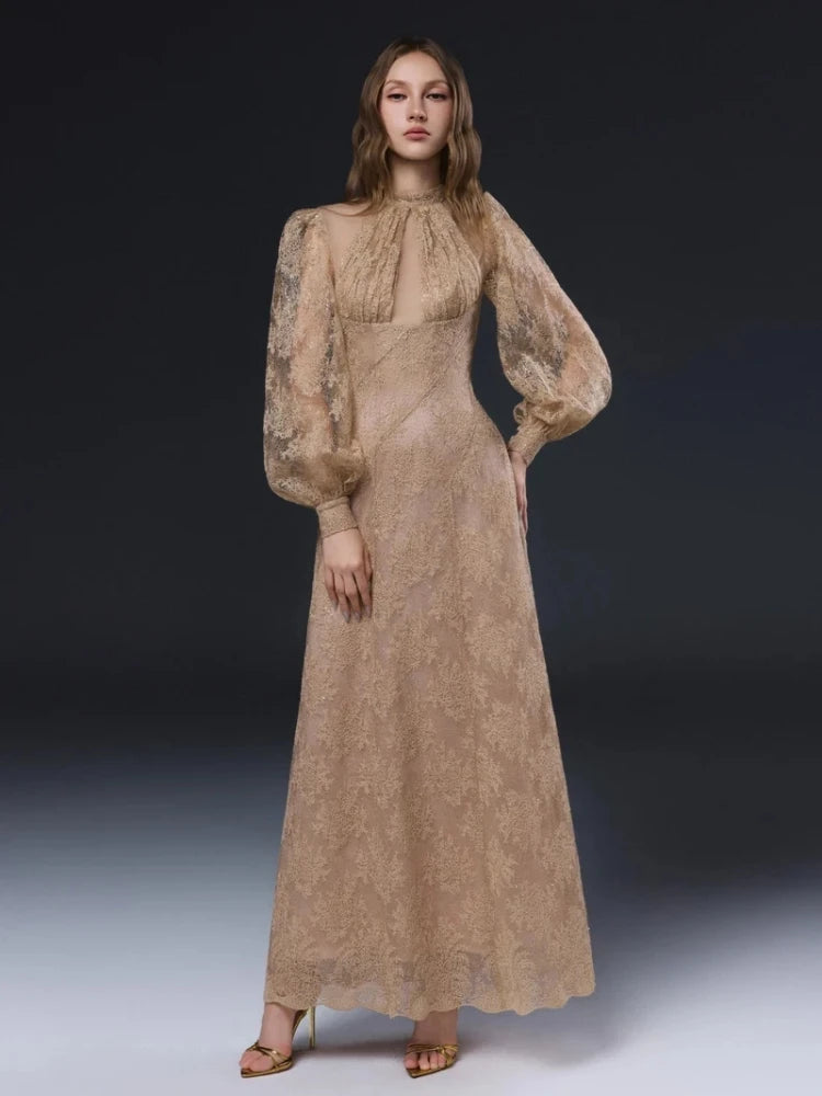 Lace mock neck lantern sleeve dress beige