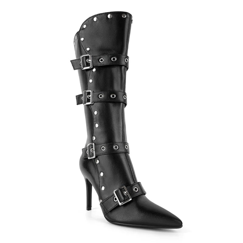 Pointed toe buckle strap stiletto boots front view