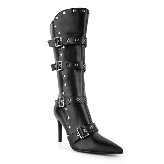 Pointed toe buckle strap stiletto boots front view