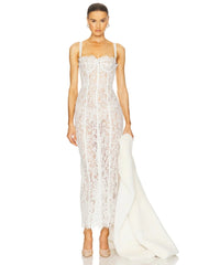 White lace spaghetti strap V-neck maxi dress with train
