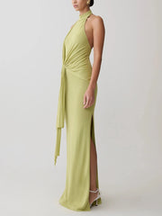 Halter Neck Draped Knot Maxi Dress
