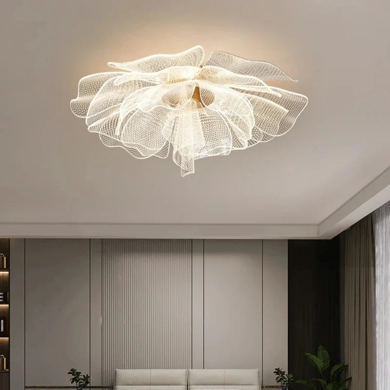 LED ceiling lamp with sculpted acrylic flower design installed in elegant modern study