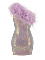 One Shoulder Feather Embellished Sequin Mini Dress