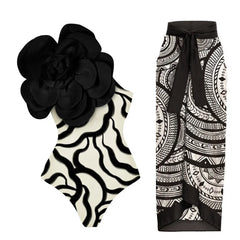 One-Shoulder Swimsuit with Oversized Flower Detail and Matching Printed Sarong Set