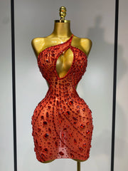 Red crystal embellished mini dress