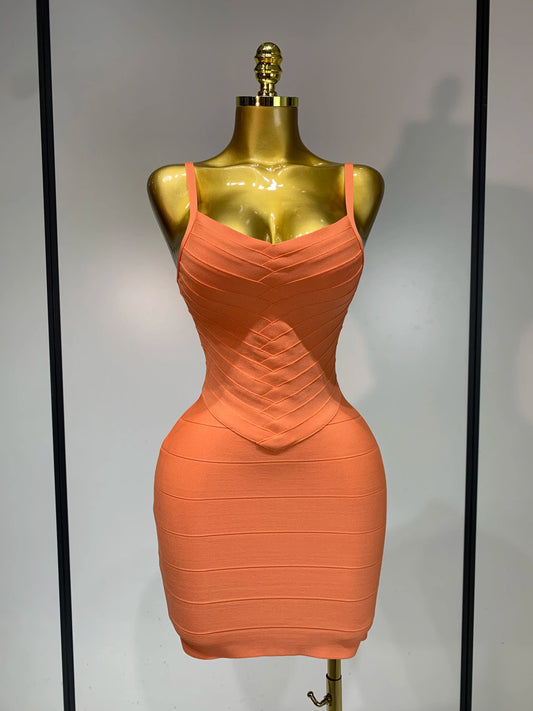 Orange ribbed spaghetti strap mini dress