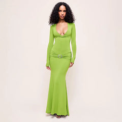 Plunge Neck Full Sleeve Waist Detailed Maxi Dress