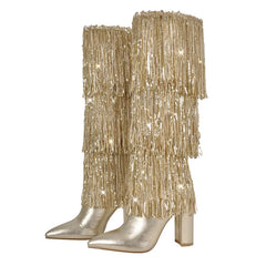 Gold pointed toe knee high boots with layered fringe and chunky block heel