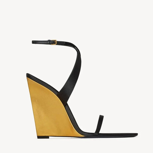Black and gold wedge heel ankle strap sandal