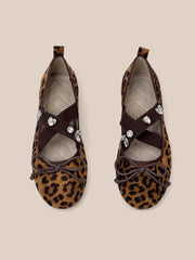 Embroidered Floral & Leopard Print Mary Jane Flats