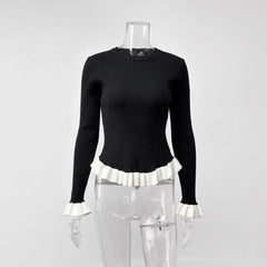 Ribbed Knit Long Sleeve Ruffle Trim Top