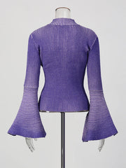 Purple ribbed top with bell sleeves on a mannequin against a white background