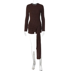 Draped Waist Tie Round Neck Long Sleeve Romper