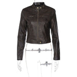 Faux Leather Long Sleeve Zipper Crop Coat Streetwear Daily Outfit