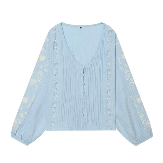 Embroidered V-Neck Pleated Blouse