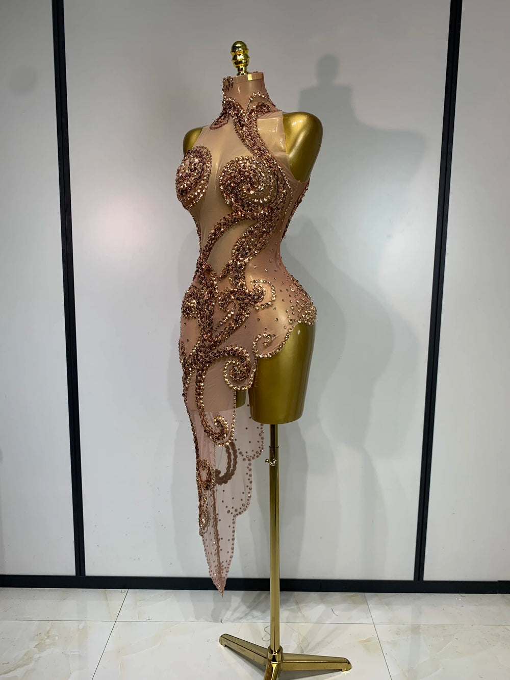 Mesh sequin asymmetric dress with high neckline side view