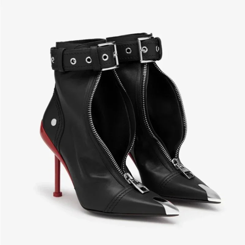 Belt Buckle Front Zipper Pointed Metal High Heels Ankle Boots