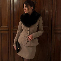 Faux Fur Collar Blazer And Pencil Skirt Set