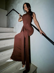 Mock Neck Knotted Waist Maxi Dress