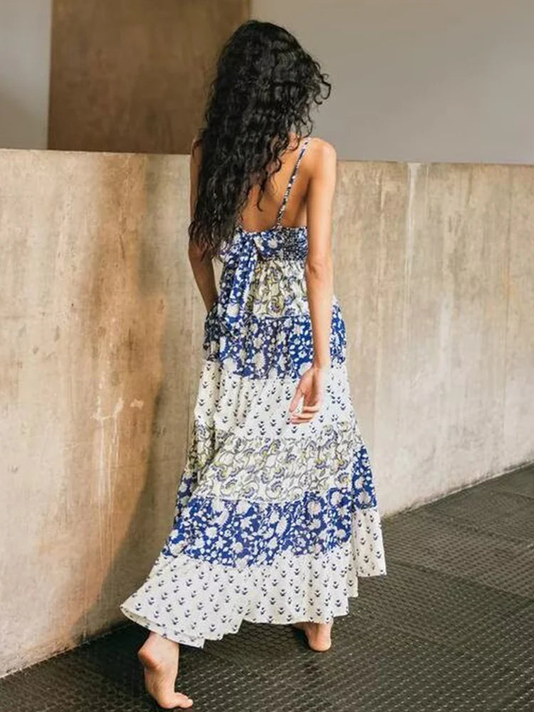 Tiered spaghetti strap V-neck maxi dress