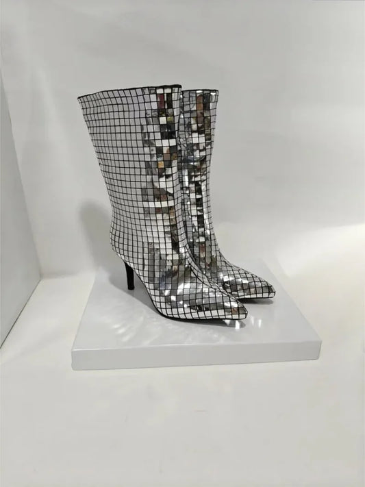 Crystal Sequin Pointed Toe Boots with a stiletto heel.