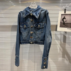 Turn Down Collar Metal Buttons Blue Denim Jacket