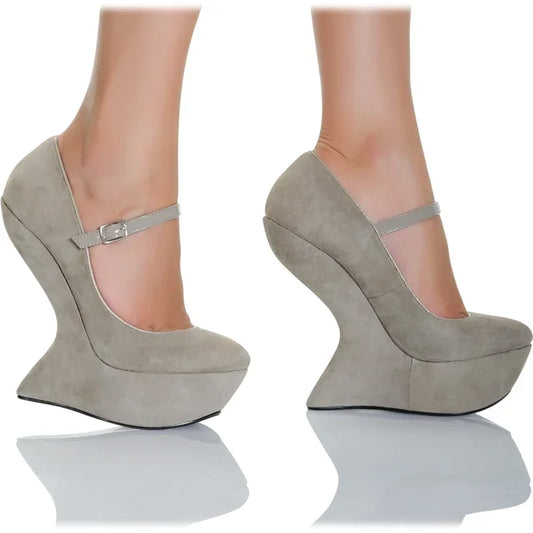 Grey sculpted wedge heel pumps with peep toe and ankle strap