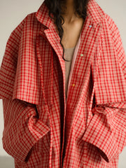Plaid stand up collar jacket open neckline detail