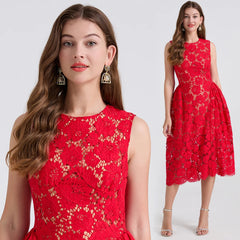 Red lace dress worn by a model on a white background