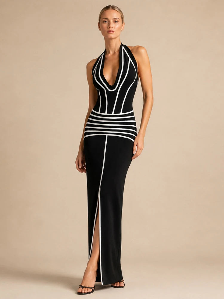 Striped Halter Neck Maxi Dress