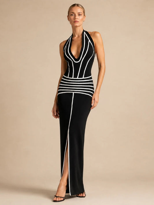 Striped Halter Neck Maxi Dress